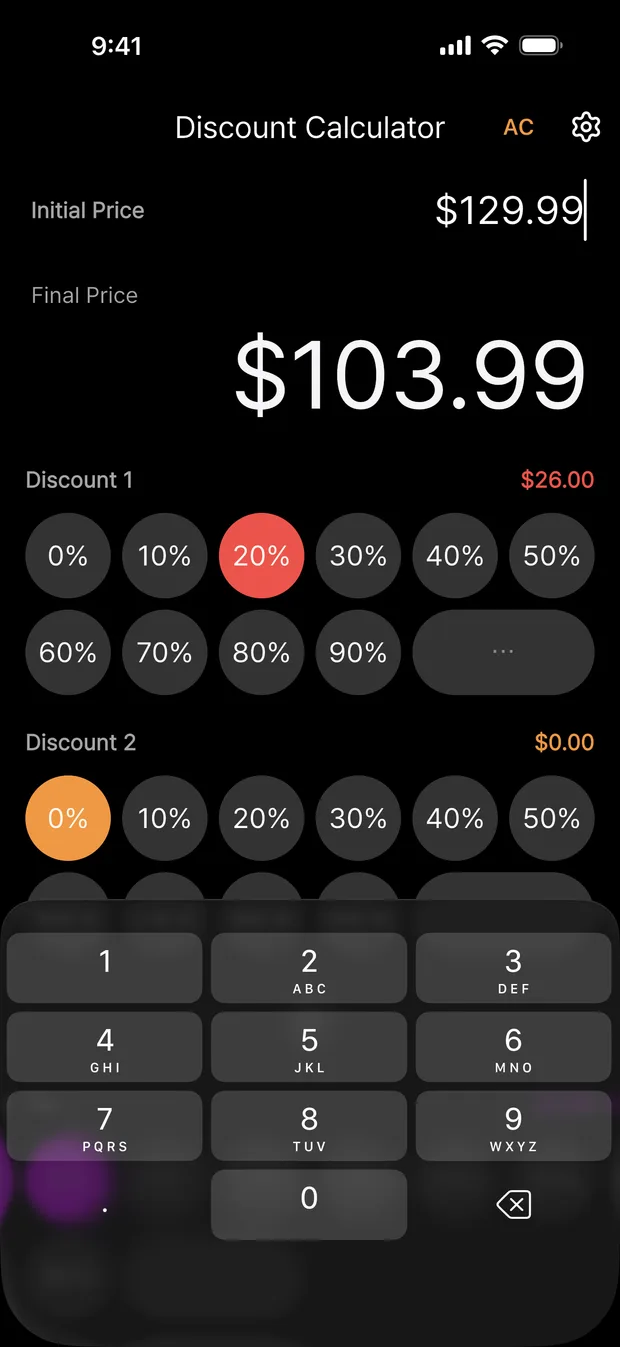 Discount Calculator showing final price after entering a price and picking a percent-off