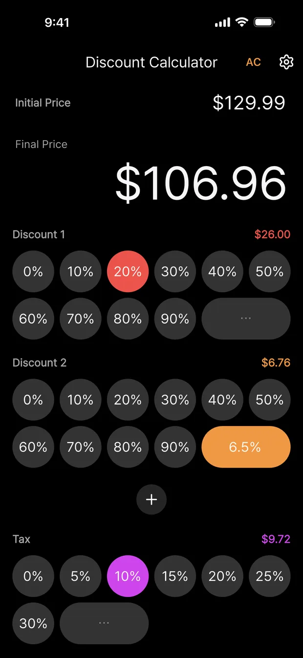 Stacked second discount and sales tax applied to a purchase