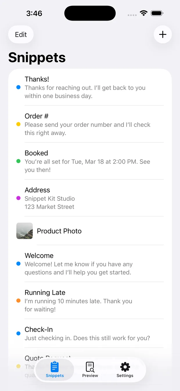 Snippet Kit snippet list on iPhone